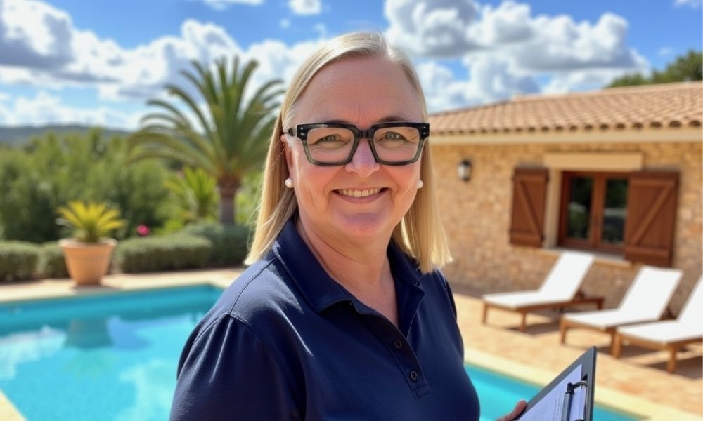 Portrait einer Frau am Pool vor einer Finca